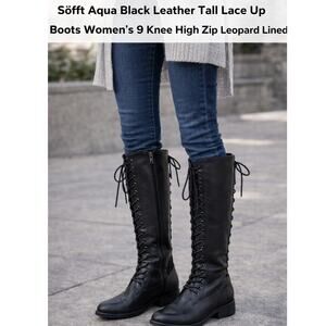 Söfft Aqua Black Leather Tall Lace Up Boots Womens 9 Knee High Zip Leopard Lined